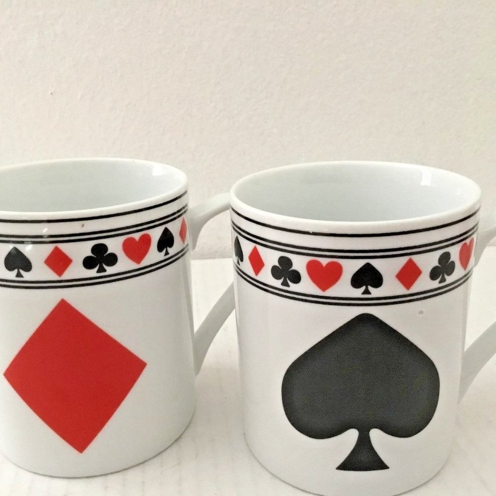 Pair DIAMOND & SPADE Poker Playing Card Porcelain Coffee Mugs Tea Cups GUC